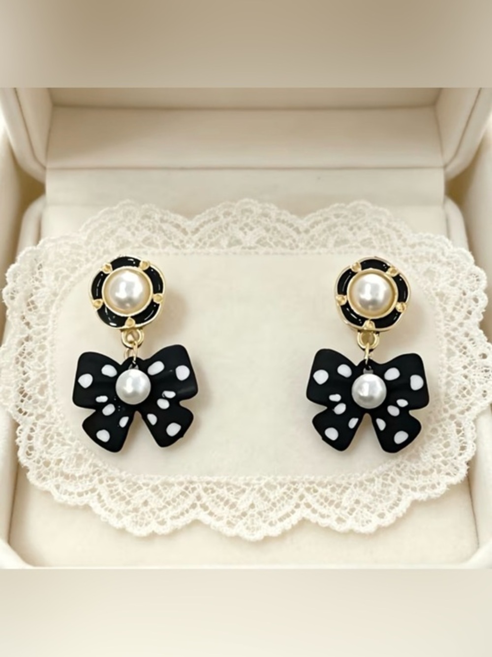 Black Polka Dot Bow Drop Earrings with Pearl Detail